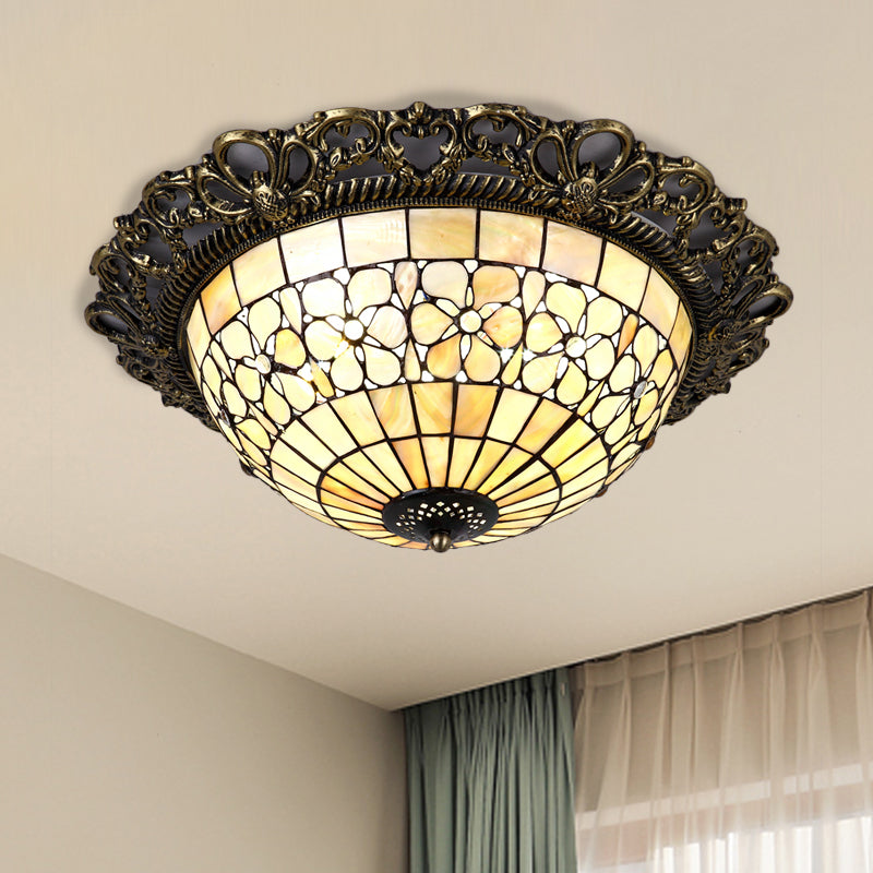 Baroque Shell Dome Brass Ceiling Lamp With Embossed Flower Trim - 3-Light Flush Mount Fixture