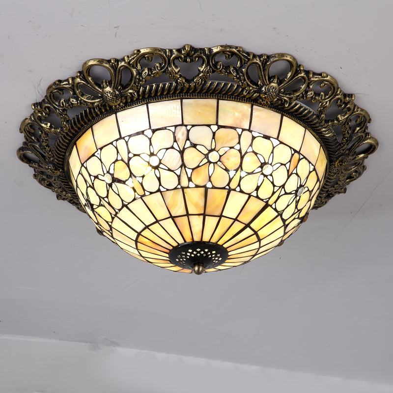 Baroque Shell Dome Brass Ceiling Lamp With Embossed Flower Trim - 3-Light Flush Mount Fixture