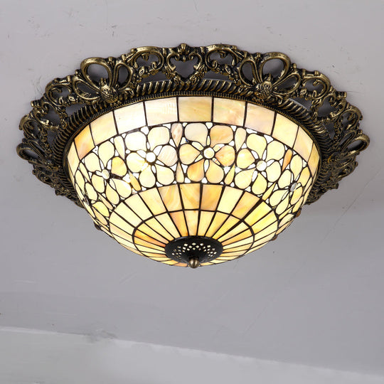 Baroque Shell Dome Brass Ceiling Lamp With Embossed Flower Trim - 3-Light Flush Mount Fixture