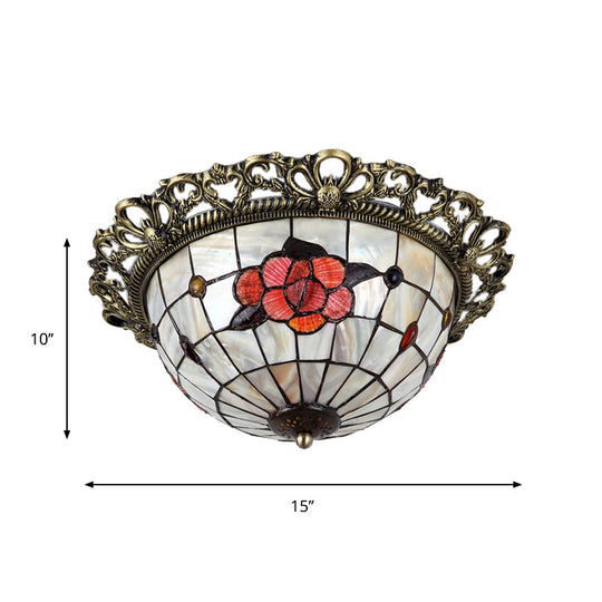 Natural Shell Baroque Flush Mount Ceiling Light With Gridded Hemispherical Design And Brass Finish