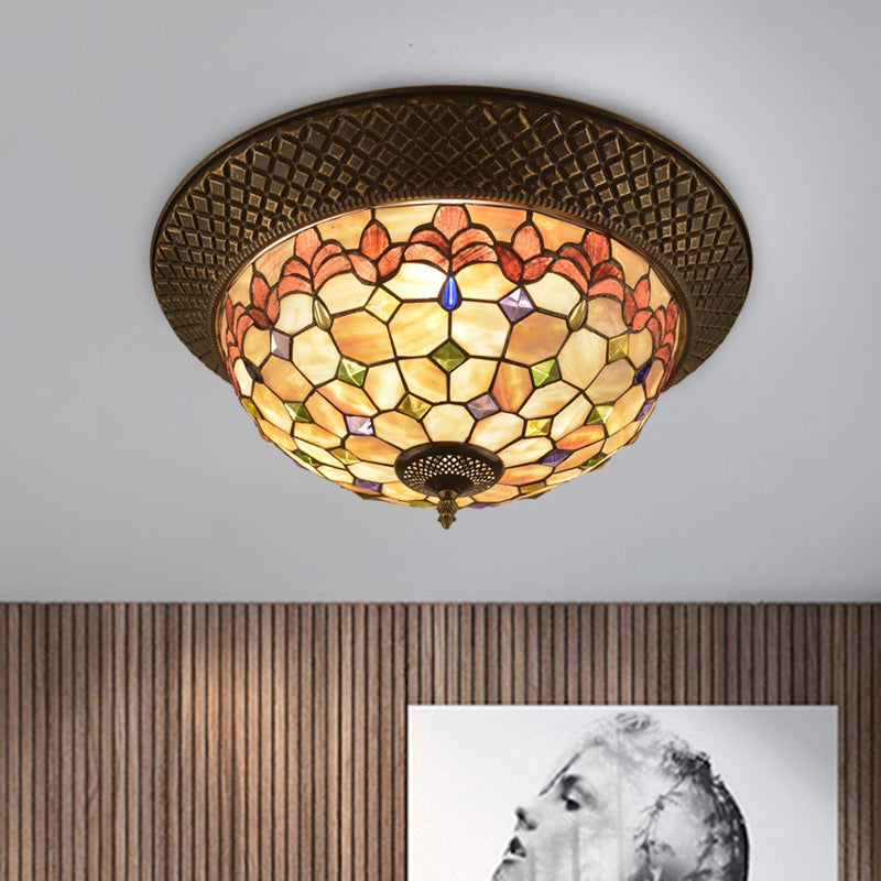 Bronze Cap Flush Mount Light With Tiffany Led Shell And Trellis Pattern