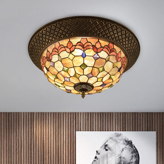 Bronze Cap Flush Mount Light With Tiffany Led Shell And Trellis Pattern