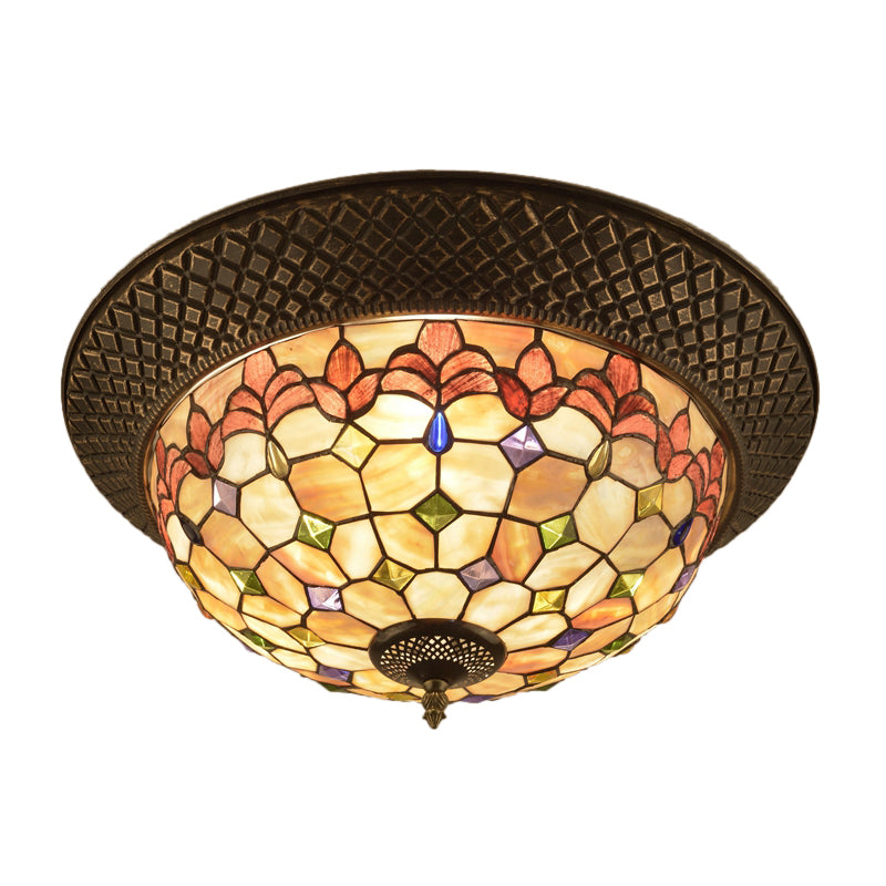 Bronze Cap Flush Mount Light With Tiffany Led Shell And Trellis Pattern