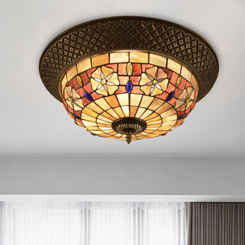 Bronze Cap Flush Mount Light With Tiffany Led Shell And Trellis Pattern / C