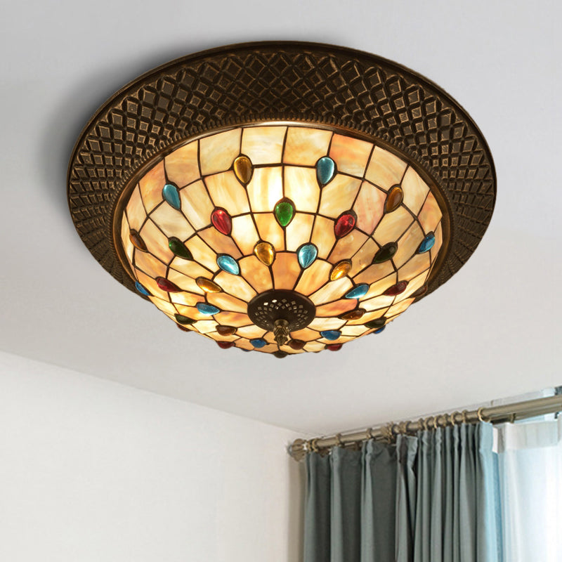 Bronze Cap Flush Mount Light With Tiffany Led Shell And Trellis Pattern / B