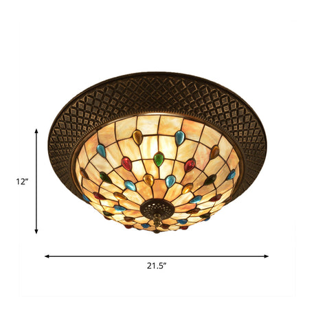 Bronze Cap Flush Mount Light With Tiffany Led Shell And Trellis Pattern