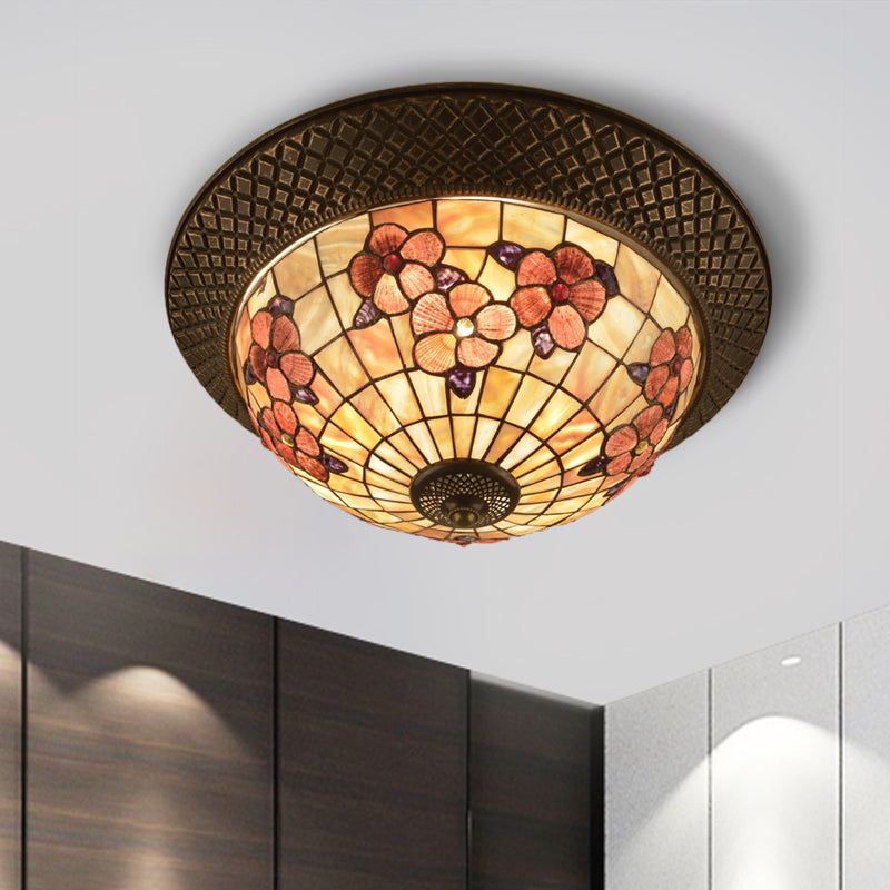 Bronze Cap Flush Mount Light With Tiffany Led Shell And Trellis Pattern