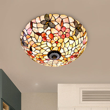Shell Beige Tiffany Flushmount Ceiling Fixture With Butterfly - Flower Pattern 3/4 Lights 16’/20.5’W