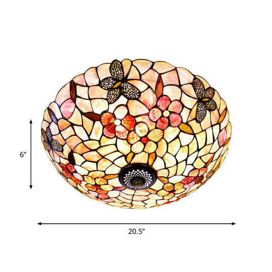 Shell Beige Tiffany Flushmount Ceiling Fixture With Butterfly - Flower Pattern 3/4 Lights 16’/20.5’W