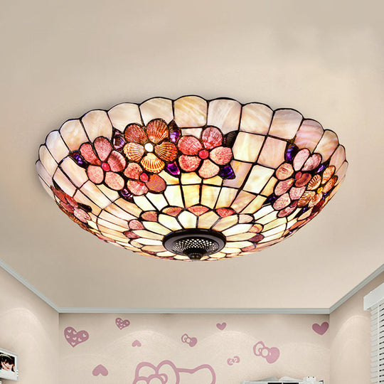 Flushmount Tiffany Shell Ceiling Light Fixture With Peony Pattern Pink 3/4 Bulbs Various Sizes / 21’
