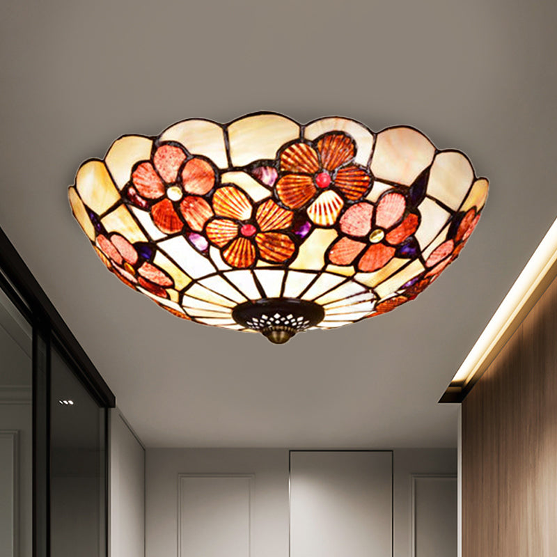 Flushmount Tiffany Shell Ceiling Light Fixture With Peony Pattern Pink 3/4 Bulbs Various Sizes / 12