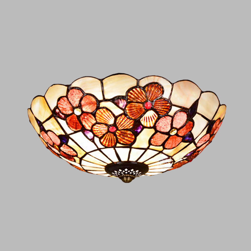Flushmount Tiffany Shell Ceiling Light Fixture With Peony Pattern Pink 3/4 Bulbs Various Sizes