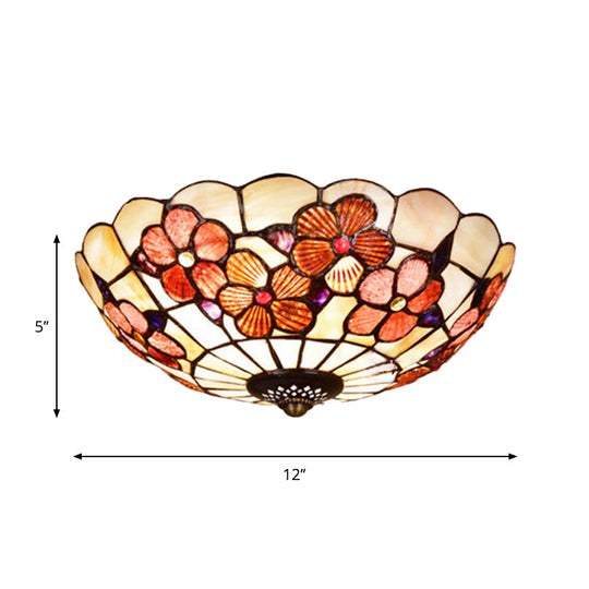 Flushmount Tiffany Shell Ceiling Light Fixture With Peony Pattern Pink 3/4 Bulbs Various Sizes