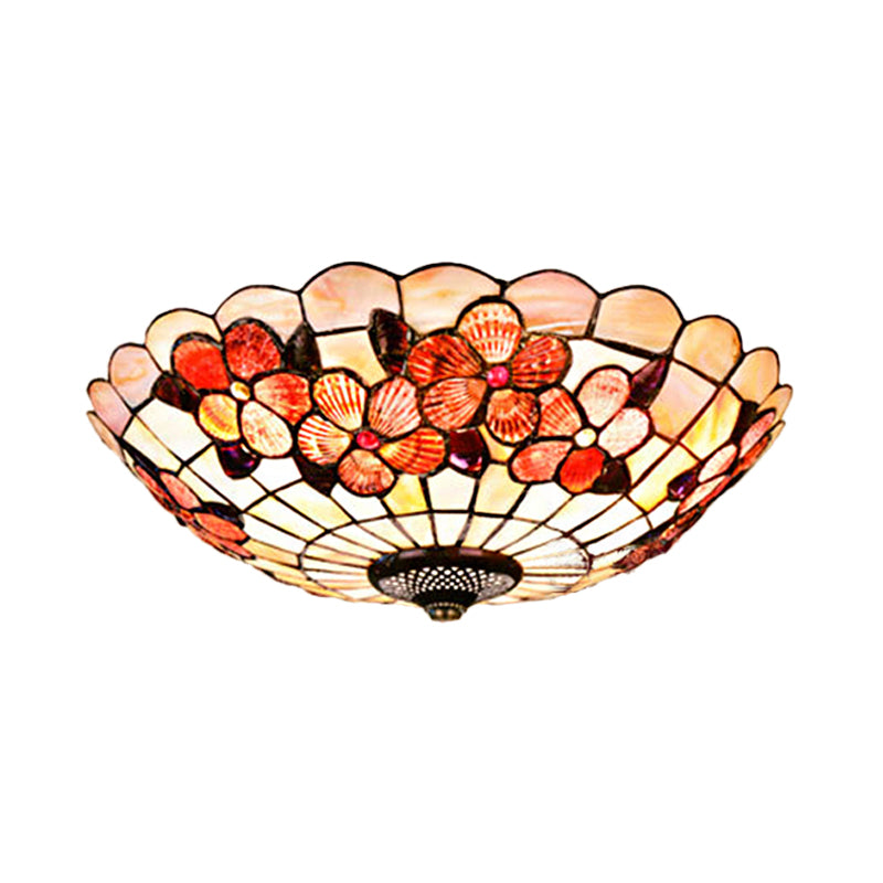 Flushmount Tiffany Shell Ceiling Light Fixture With Peony Pattern Pink 3/4 Bulbs Various Sizes