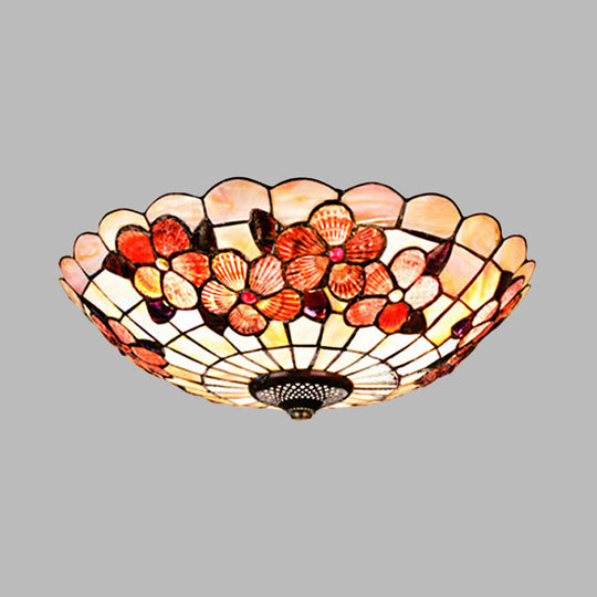 Flushmount Tiffany Shell Ceiling Light Fixture With Peony Pattern Pink 3/4 Bulbs Various Sizes