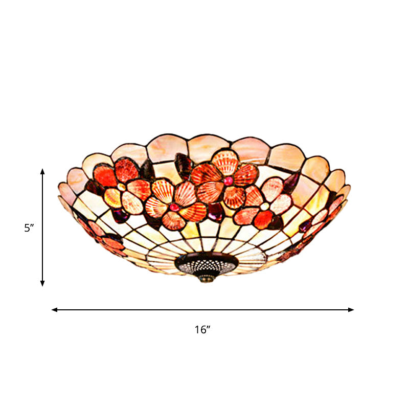 Flushmount Tiffany Shell Ceiling Light Fixture With Peony Pattern Pink 3/4 Bulbs Various Sizes