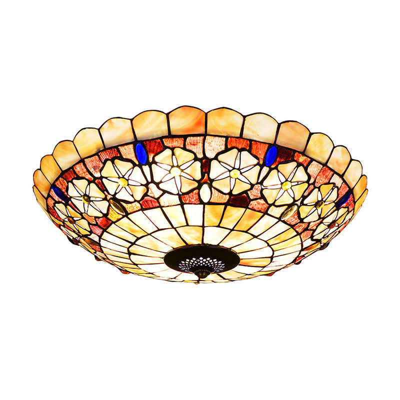 Tiffany Bowl Shell Ceiling Lamp With Blossom Pattern - 12/21 Dia 3/4-Light Flush Mount Beige