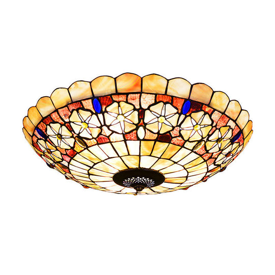 Tiffany Bowl Shell Ceiling Lamp With Blossom Pattern - 12/21 Dia 3/4-Light Flush Mount Beige