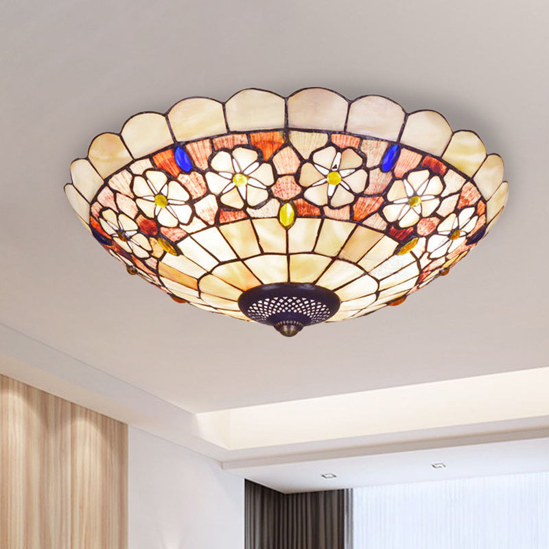 Tiffany Bowl Shell Ceiling Lamp With Blossom Pattern - 12’/21’ Dia 3/4 - Light Flush Mount