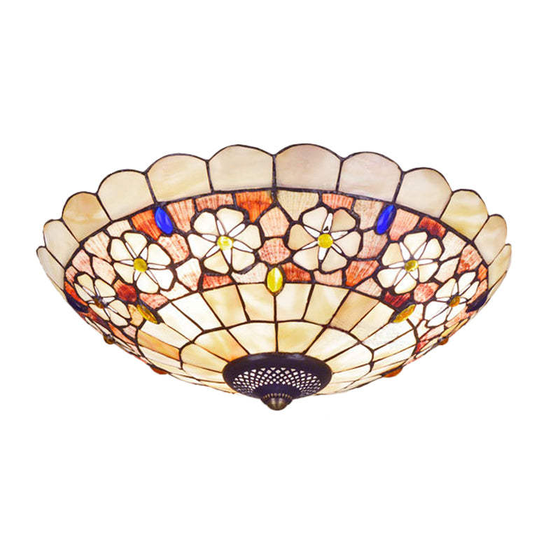Tiffany Bowl Shell Ceiling Lamp With Blossom Pattern - 12/21 Dia 3/4-Light Flush Mount Beige