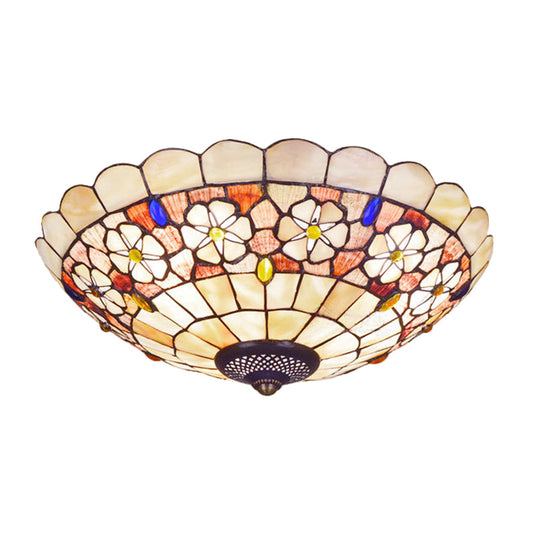 Tiffany Bowl Shell Ceiling Lamp With Blossom Pattern - 12/21 Dia 3/4-Light Flush Mount Beige