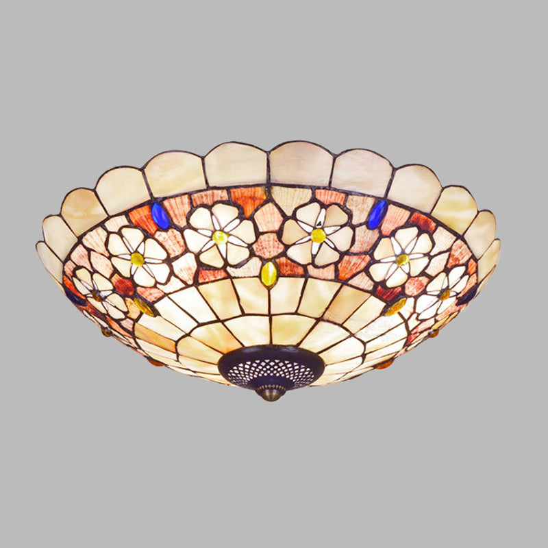 Tiffany Bowl Shell Ceiling Lamp With Blossom Pattern - 12/21 Dia 3/4-Light Flush Mount Beige