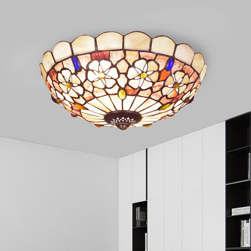 Tiffany Bowl Shell Ceiling Lamp With Blossom Pattern - 12/21 Dia 3/4-Light Flush Mount Beige / 12