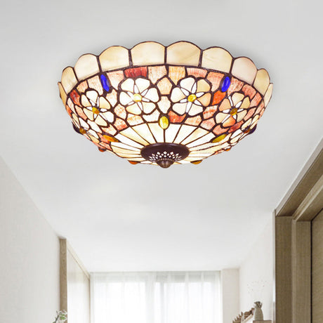 Tiffany Bowl Shell Ceiling Lamp With Blossom Pattern - 12/21 Dia 3/4-Light Flush Mount Beige