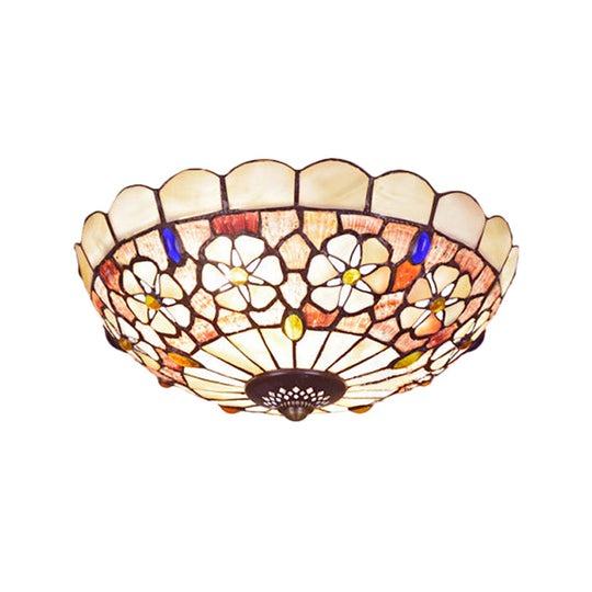 Tiffany Bowl Shell Ceiling Lamp With Blossom Pattern - 12’/21’ Dia 3/4 - Light Flush Mount Beige