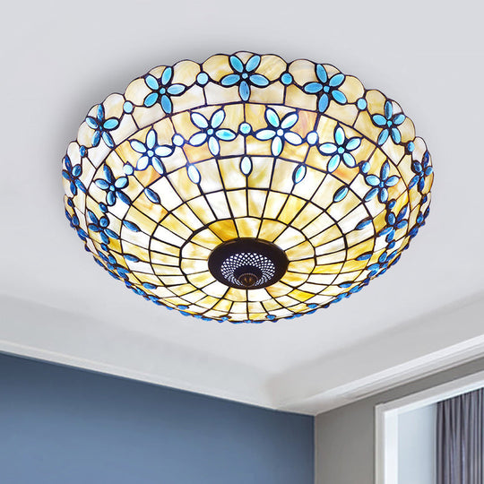 Blue Mediterranean Flush Light With 3/4 Shell Heads - 16’/21’ Width / 21’