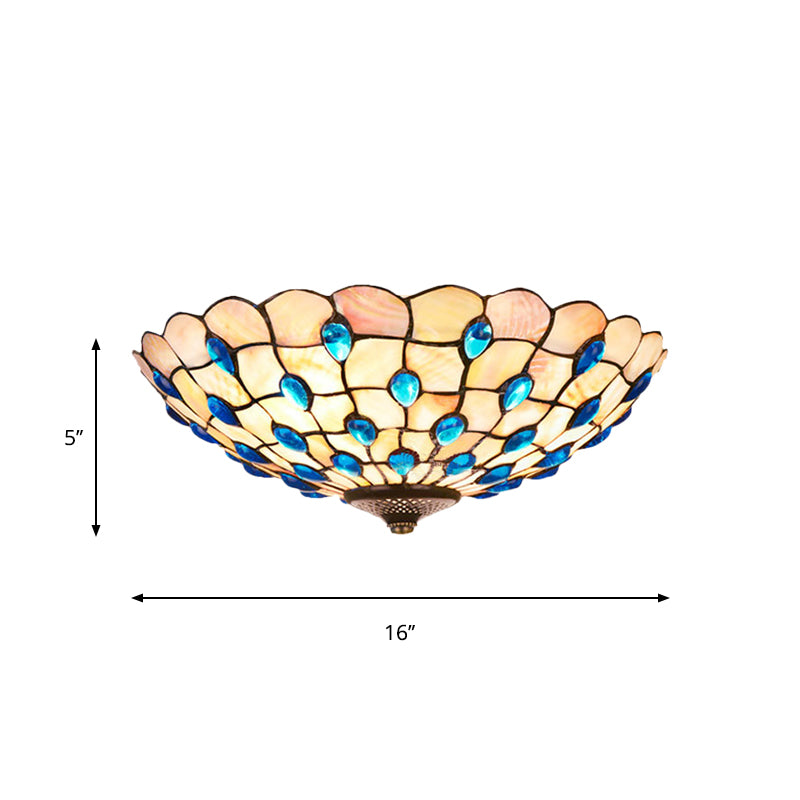 Tiffany Shell Blue Flush Ceiling Light Jeweled Bowl 3/4 Bulbs 16/21 Wide - Stylish Flushmount