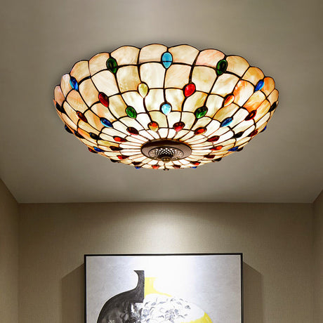 Tiffany Beige Shell Flush Mount Ceiling Light - 3/4-Light Cabochons-Embellished Ideal For Living