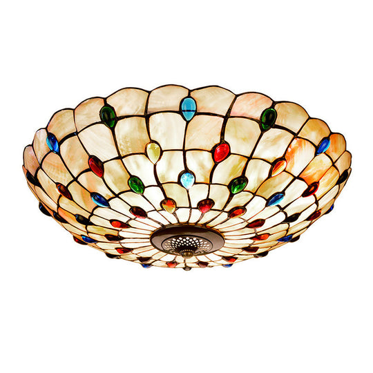 Tiffany Beige Shell Flush Mount Ceiling Light - 3/4 - Light Cabochons - Embellished Ideal For