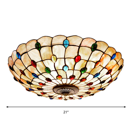Tiffany Beige Shell Flush Mount Ceiling Light - 3/4-Light Cabochons-Embellished Ideal For Living
