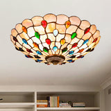 Tiffany Beige Shell Flush Mount Ceiling Light - 3/4-Light Cabochons-Embellished Ideal For Living