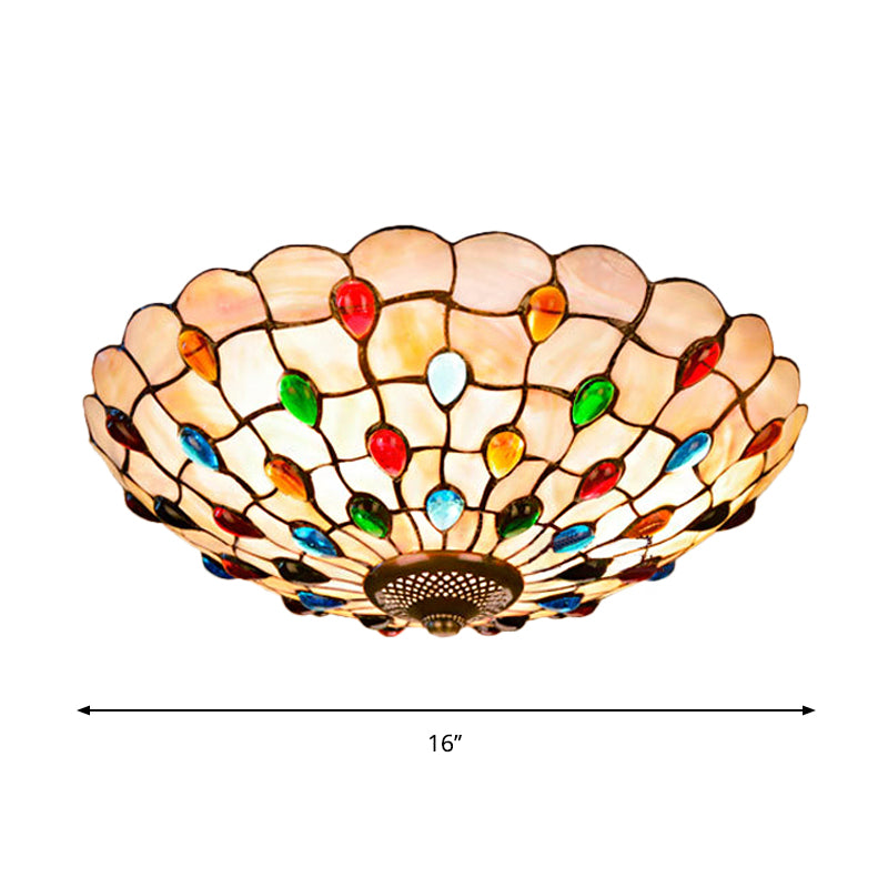 Tiffany Beige Shell Flush Mount Ceiling Light - 3/4-Light Cabochons-Embellished Ideal For Living