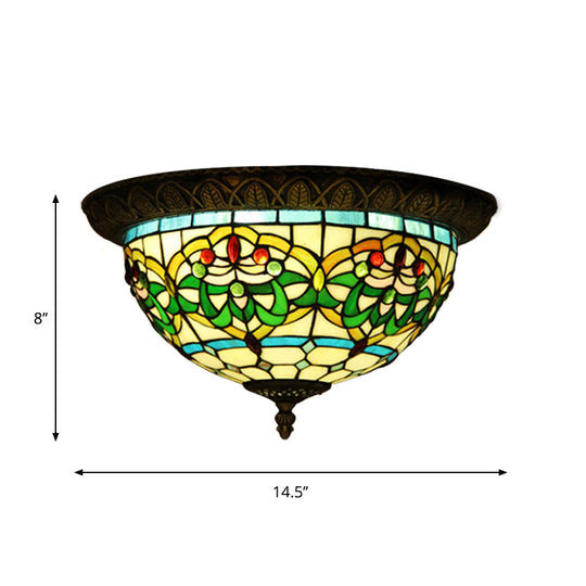 Tiffany Bronze Flush Mount 2 - Bulb Corridor Ceiling Lamp With Stained Glass Shade