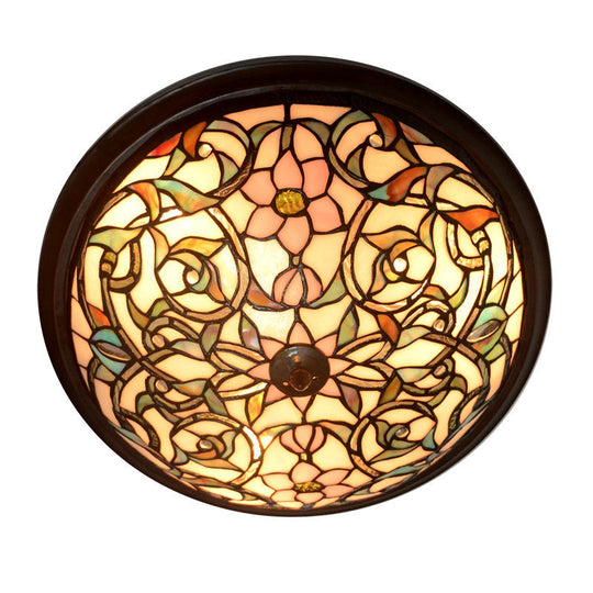 Black-Led Ceiling Flush Mount - Tiffany Cut Glass Swirl Flower Lighting