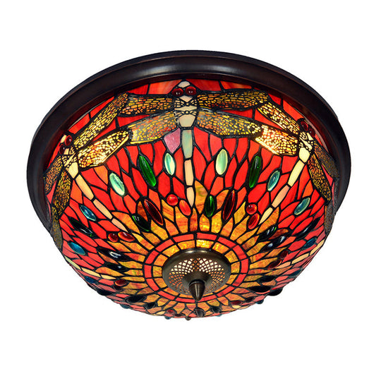 Dome Flush Mount Light: Blue/Red Tiffany Stained Glass Led Ceiling Lamp With Dragonfly Pattern