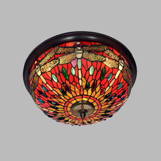 Dome Flush Mount Light: Blue/Red Tiffany Stained Glass Led Ceiling Lamp With Dragonfly Pattern
