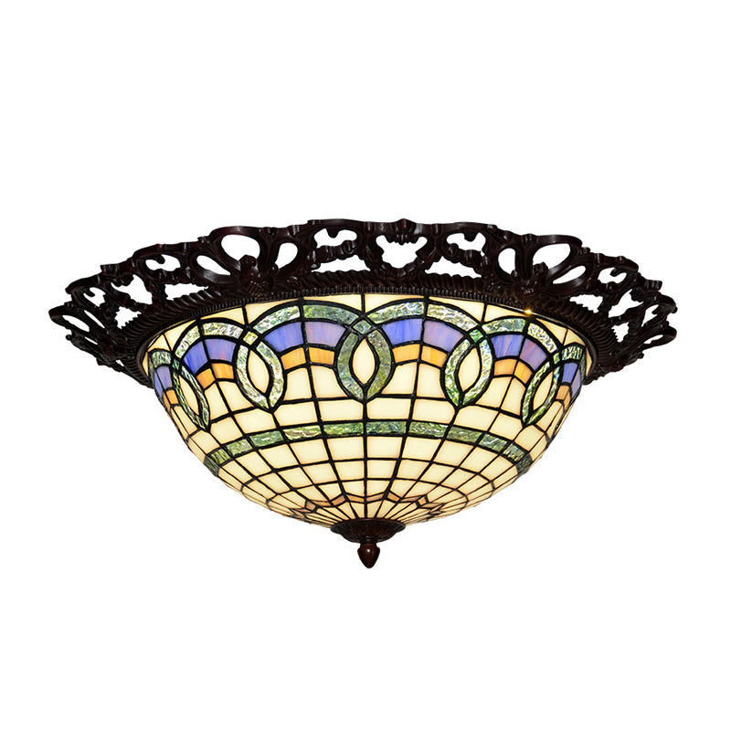 Baroque Bronze Stained Glass Led Ceiling Lamp With Grid Bowl Shape - Flush Mount Lighting