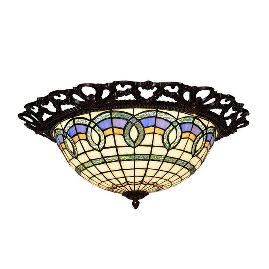 Baroque Bronze Stained Glass Led Ceiling Lamp With Grid Bowl Shape - Flush Mount Lighting