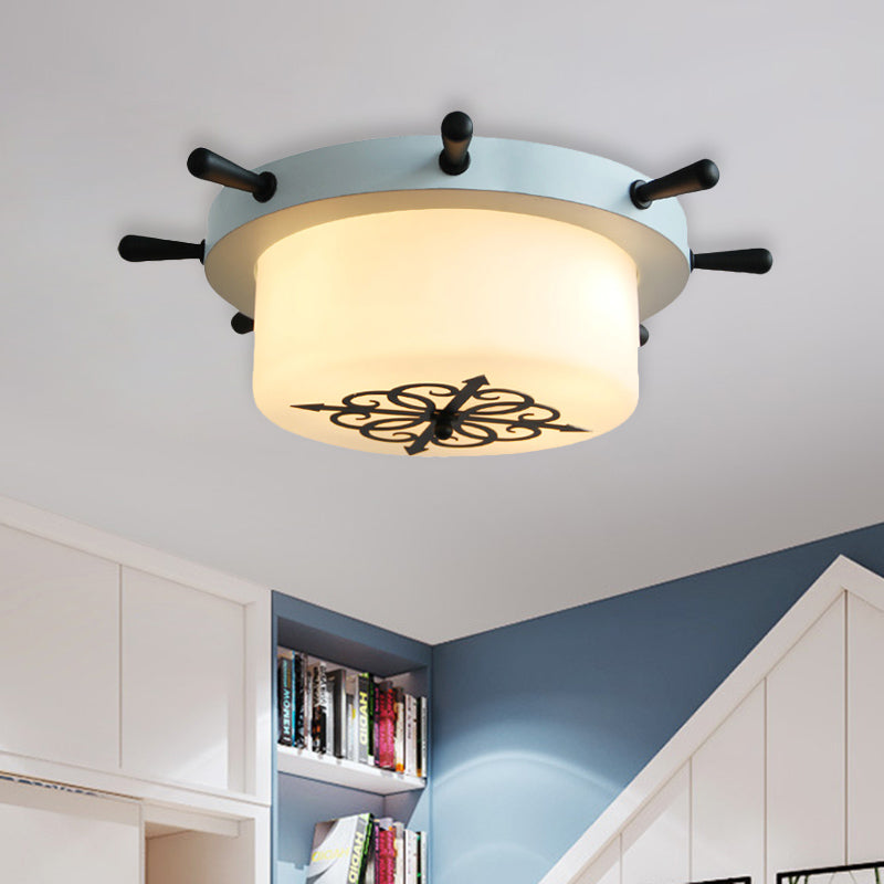 Opal Glass Drum Flush Mount Fixture - 3 Bulbs White/Light Blue/Blackish Green