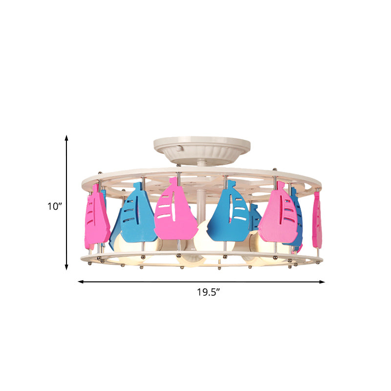 Semi Flush Elephant/Boat/Rudder Lamp With Drum Design For Kids - 5 - Light Wood Fixture In