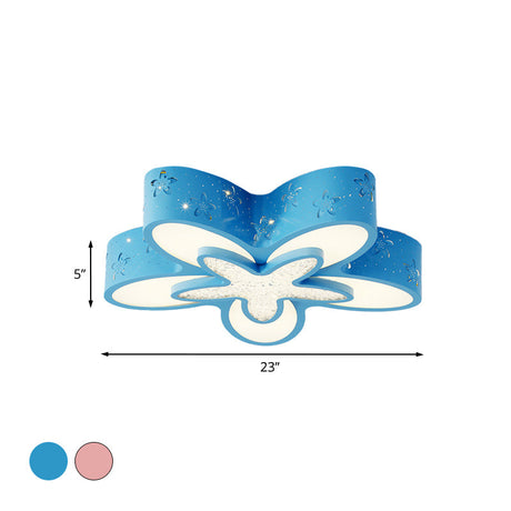 Flower-Shaped Led Cartoon Flush Ceiling Light For Kids Bedrooms In Pink/Blue