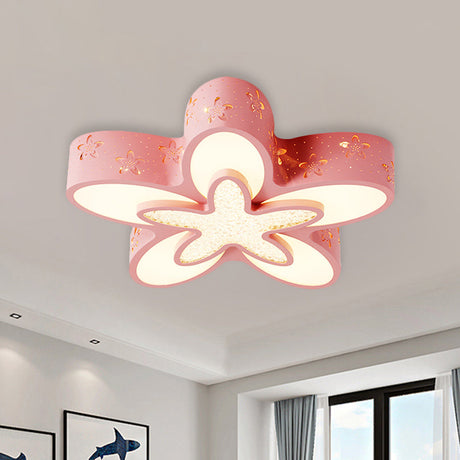 Flower-Shaped Led Cartoon Flush Ceiling Light For Kids Bedrooms In Pink/Blue