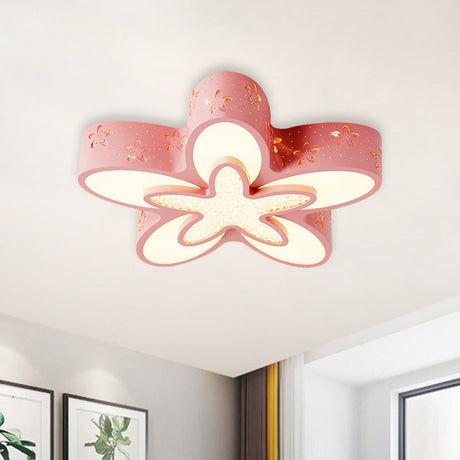 Flower-Shaped Led Cartoon Flush Ceiling Light For Kids Bedrooms In Pink/Blue