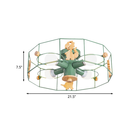 Semi Flush Cartoon Iron Drum Frame Light With 4 Green Lights - Close To Ceiling Lamp