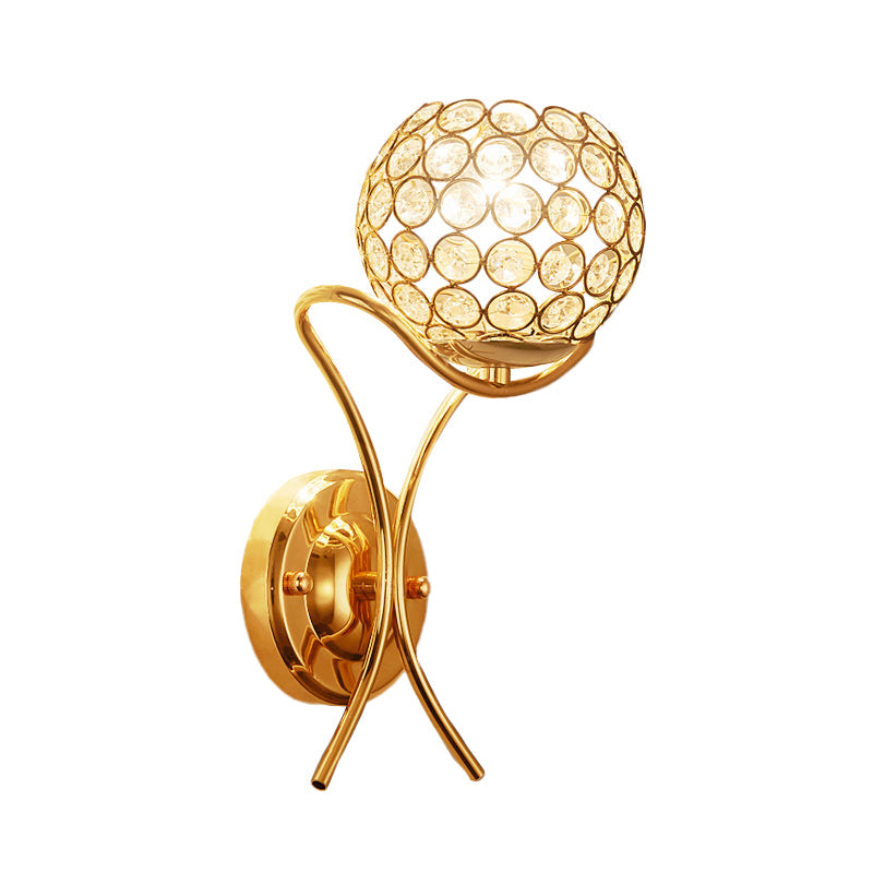 Gold Crystal Encrusted Ball Sconce - Modernist Wall Mount Lamp With 1 Light