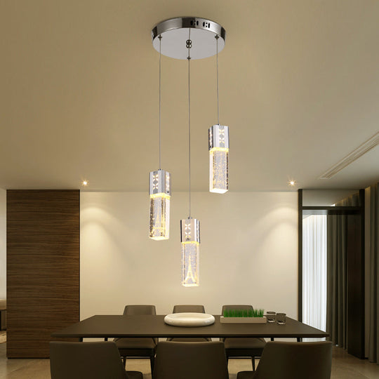 Square Tube Led Hanging Lamp Clear Crystal Glass 3-Light Cluster Pendant In Chrome For Dining Room